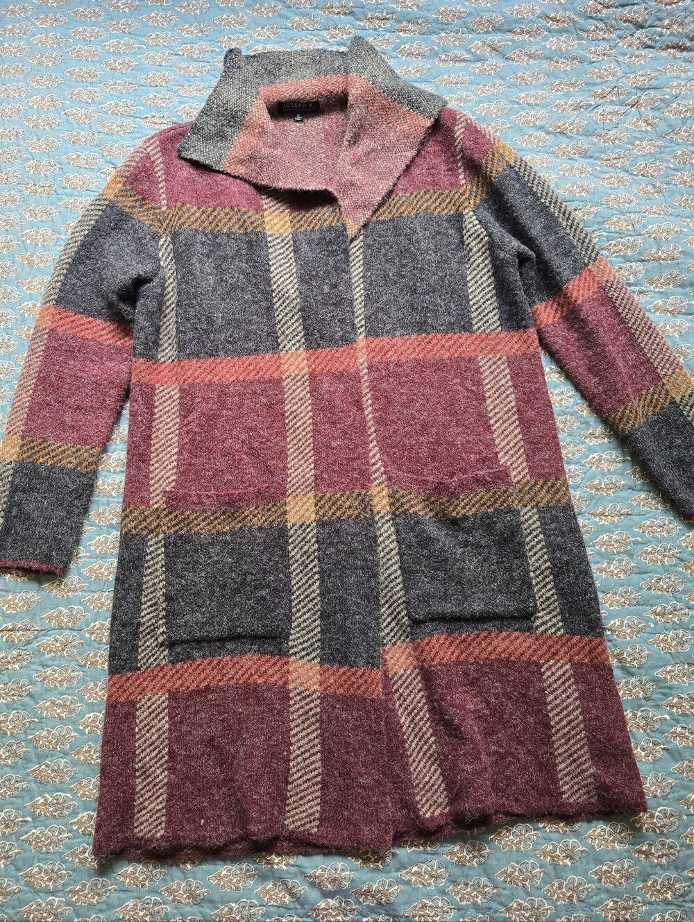 Joseph A Open Front Long Plaid Sweater Cardigan Duster Women's Size Small